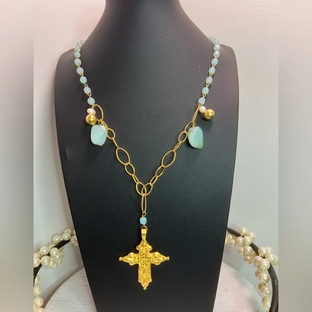 Susan Shaw Fleur Cross Stone & Pearl Necklace 38” D5